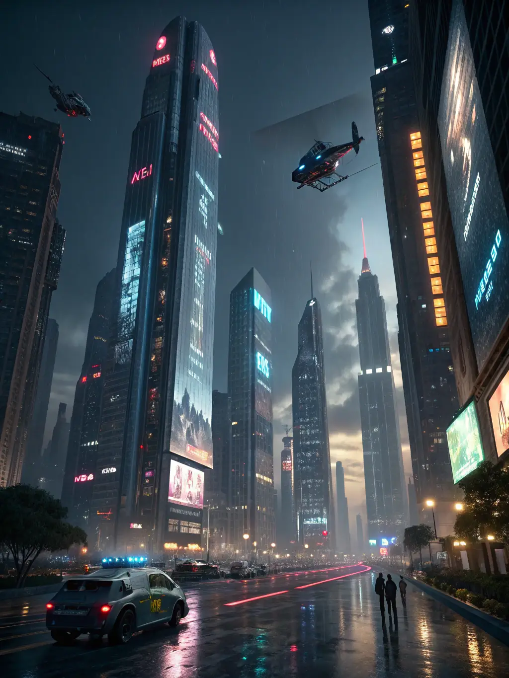 A manga-style cityscape at night, with neon lights and bustling streets, representing the urban stories genre on 51 Manga.